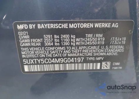 2021 BMW X3 xDrive30I из США, поврежденный, VIN 5UXTY5C04M9G04197